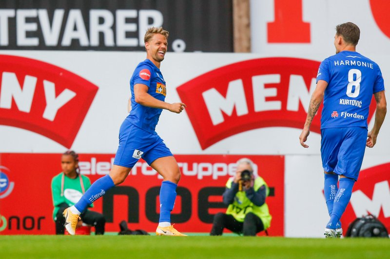 Sandefjords Mats Haakenstad jubler etter 1-0 målet under eliteseriekampen i fotball mellom Odd og Aalesund på Release Arena.Foto: Trond R. Teigen / NTB